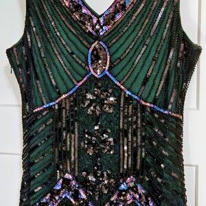 Green Sequin Midi Dress Flapper 20s Nostalgic Costume Fringe Sleeveless 14/ XL